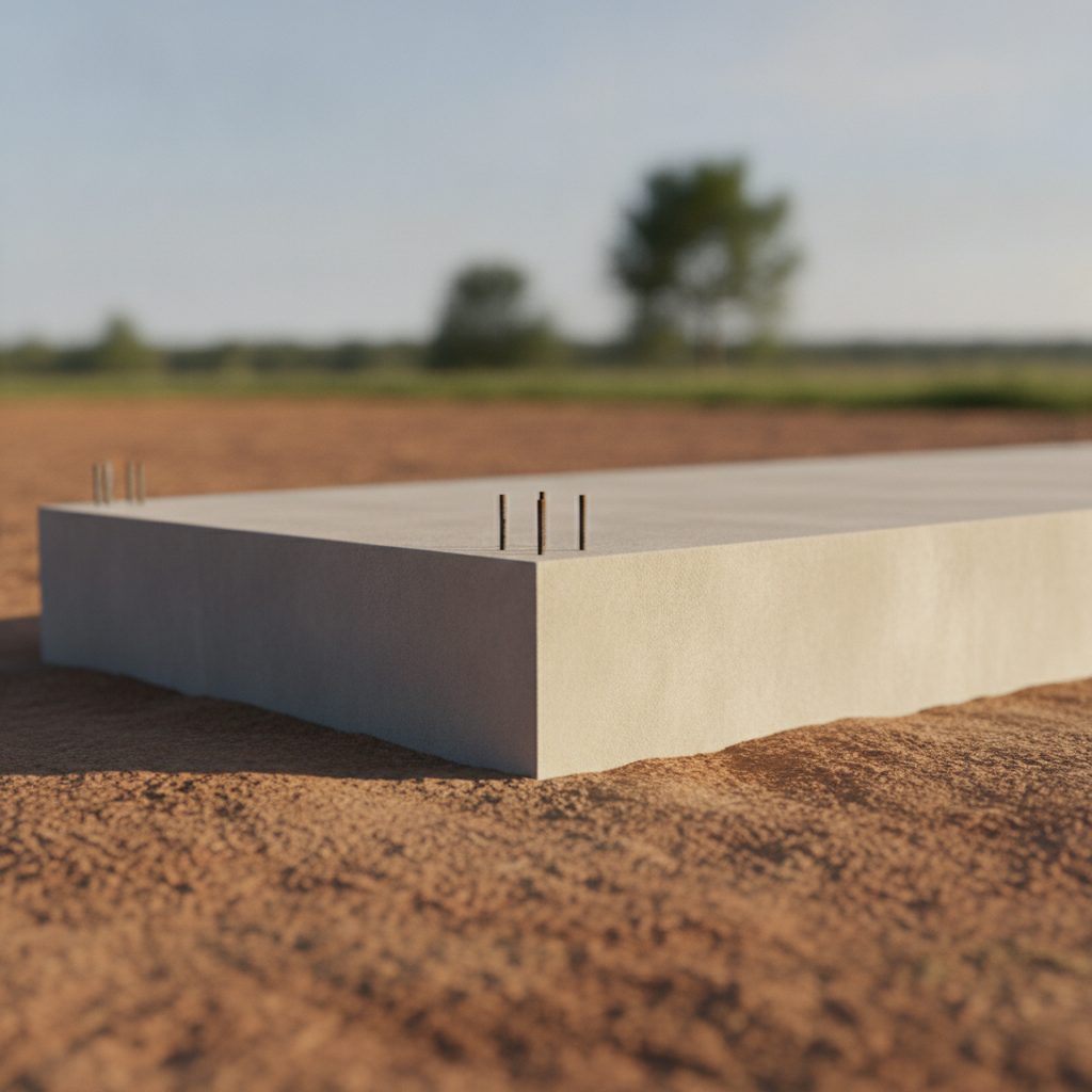 Clean concrete house foundation footing in daylight